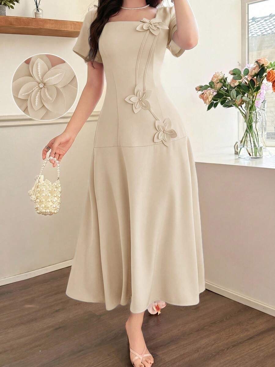 Feyla Women's 3D Floral Decor Fashion Elegant Romantic Date Brunch Dinner Date Mother Of The Bride Party Dress Beige Summer - Apricot - View 1