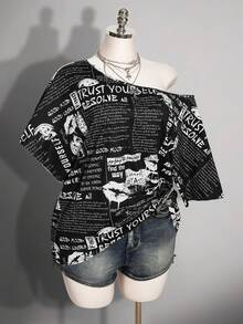 SHEIN ICON 大尺碼女款字母印花撞色不對稱肩性感T恤 - 黑與白 - 查看 10