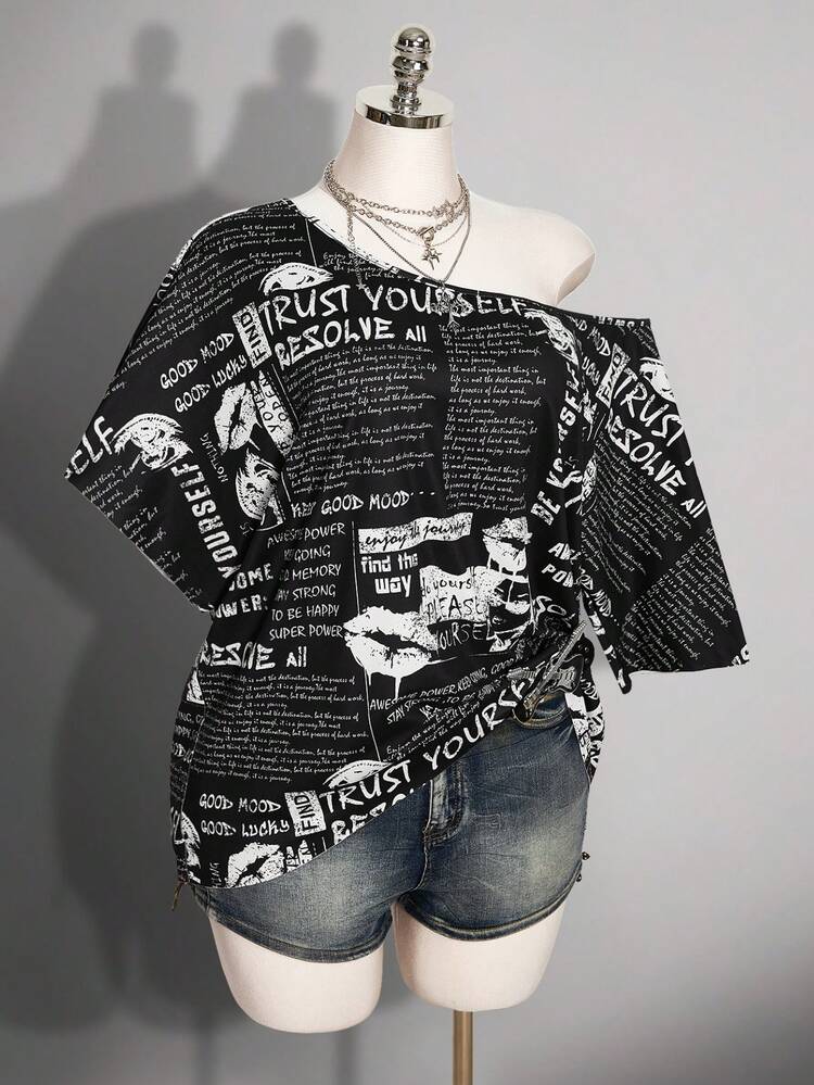 SHEIN ICON تي شيرت نسائي مقاس كبير بطباعة حروف وألوان متباينة وكتف غير متماثل مثير - أبيض وأسود - مشاهدة 10