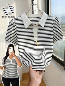 GlowEve CURVE Women White Contrast Collar Elegant Polo Shirt, Half Placket Pearl Button Puff Short Sleeve Slim Rib Top Office Summer - Black and White - View 1
