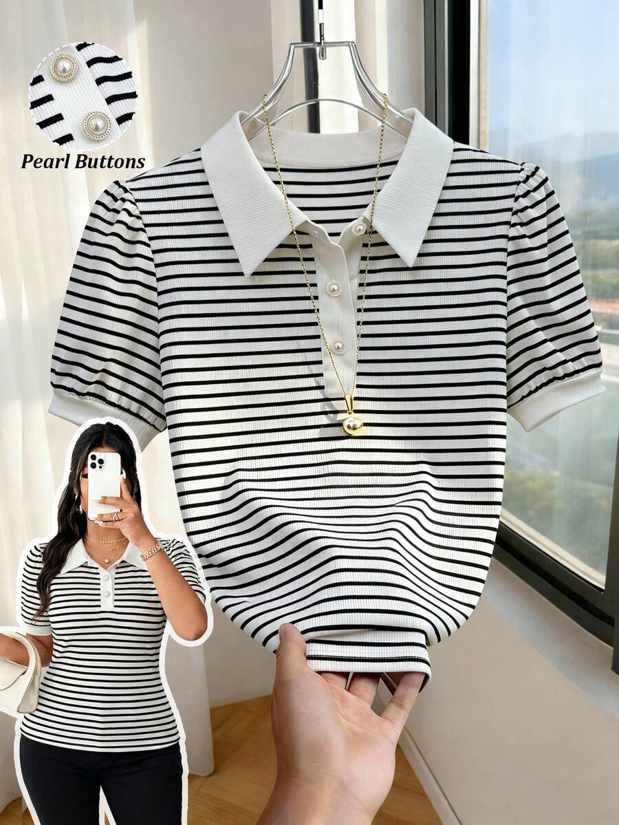 GlowEve CURVE Women White Contrast Collar Elegant Polo Shirt, Half Placket Pearl Button Puff Short Sleeve Slim Rib Top Office Summer - Black and White - View 1