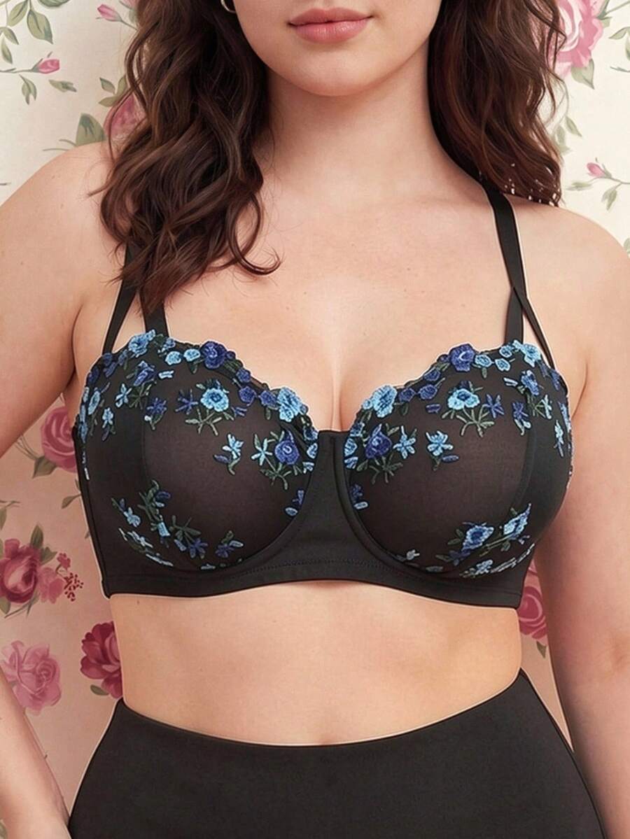 Elorette 1pc Plus Size Mesh Embroidered Underwire Bra Floral Bra Balconette Bra Plus Size Bra Plus Size Push Up Bra Embroidered Bra, Lift - Multicolor - View 1