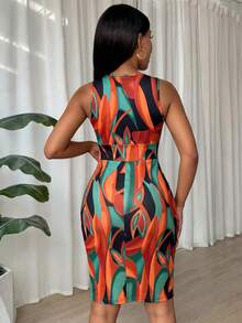 SHEIN Summer Tropical Print Halter Bodycon Mini Dress, Deep V Ruched Waistband,Sleeveless Backless Short Gown For Club And Party Music Festival Sexy Outfits - Multicolor - View 2