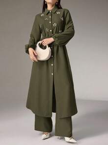 Modelyn 女款水鑽裝飾腰帶單排釦長版襯衫與長褲優雅兩件套 - 軍綠色 - 查看 5