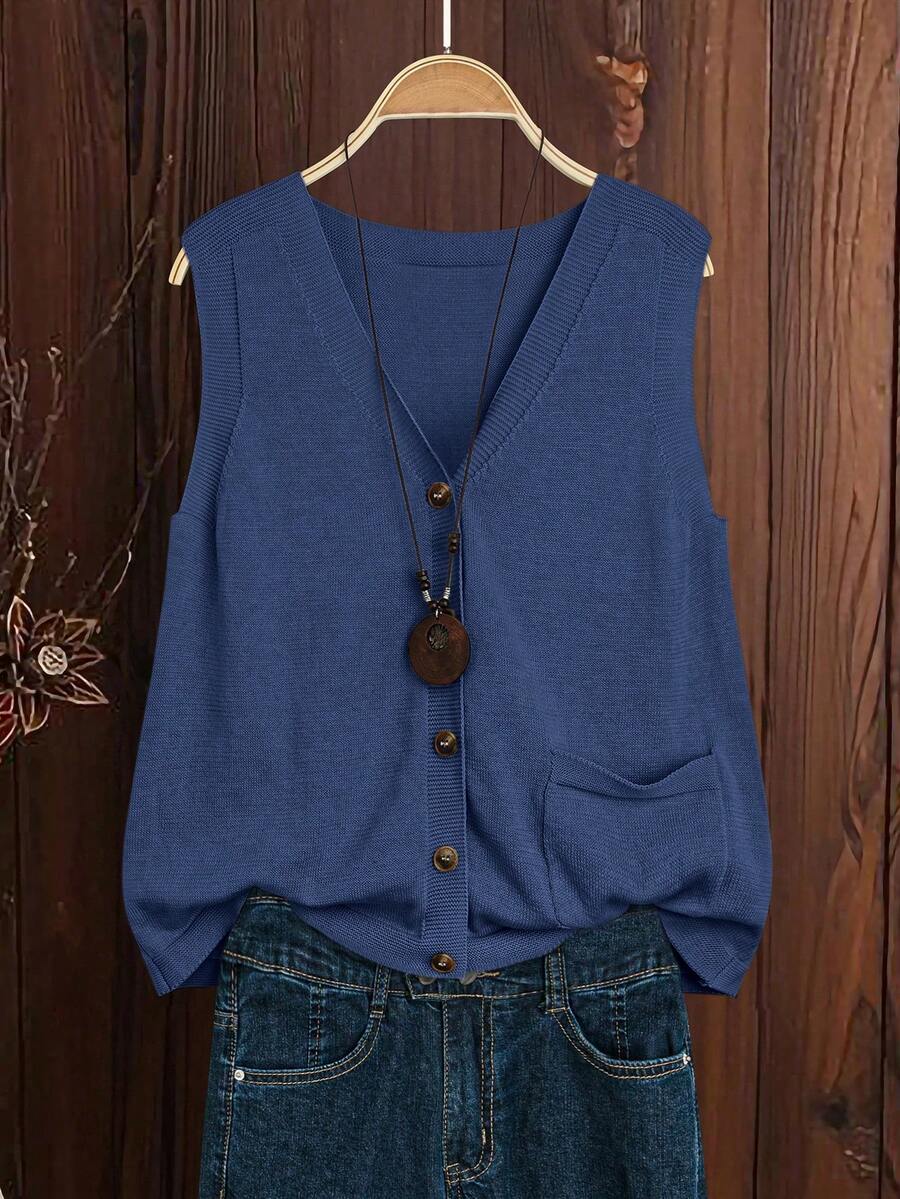 EMERY ROSE New Women's Versatile Elegant Minimalist Single-Breasted Knit Vest - Blue - View 1