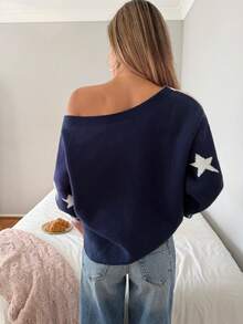 CovetEZ Women's American Flag Pattern Asymmetrical Shoulder Long Sleeve Sweater - Blue - View 8
