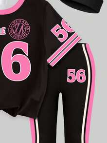 Girls Fashion Simple Number 56 Black & Rose Red Badge Striped Print Basic Short T-Shirt & Long Pants Set, Daily Wear - Multicolor - View 4