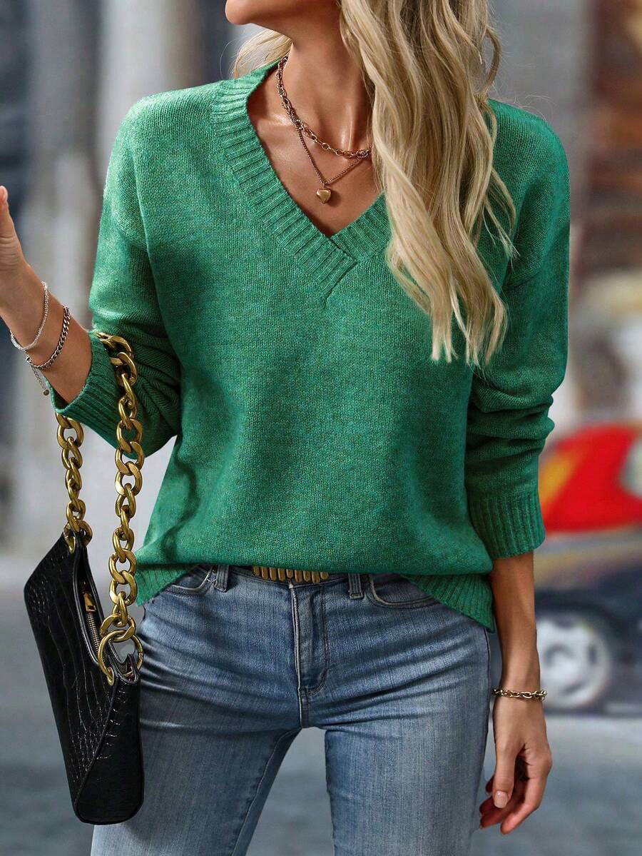 Balvessa Women's Solid Color Long Sleeve Loose V-Neck Casual Sweater - Olive Green - View 1