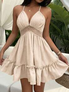 Sunnyshic Women's Lace Trim Tie-Front Dress Beach Vacation Pink Summer Tropical Sexy - Beige - View 6