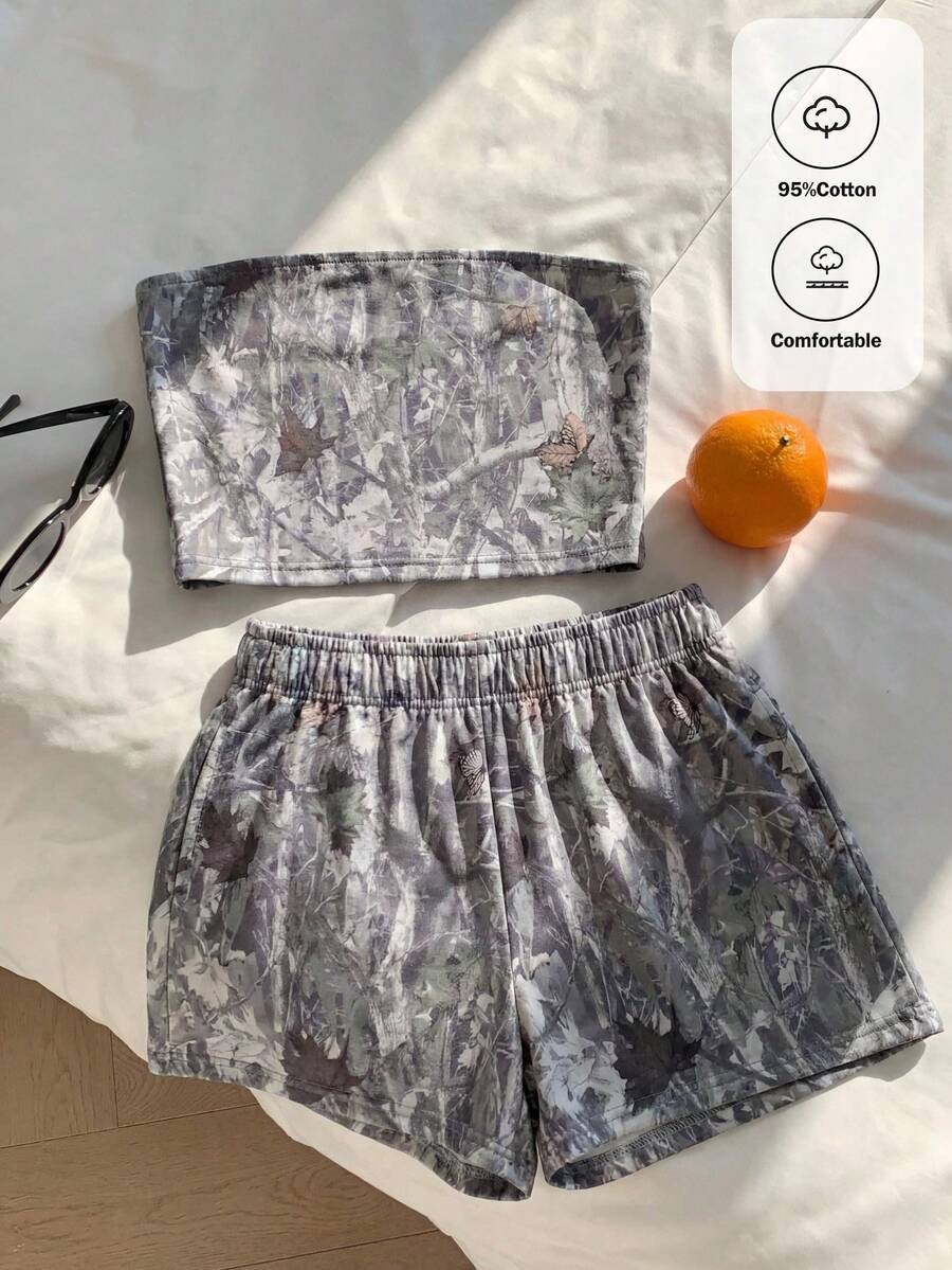 Comfortcana 女款樹枝圖案抹胸上衣與短褲休閒日常套裝 淺灰色迷彩 夏季居家日常與夜生活穿搭 - 彩色 - 查看 1