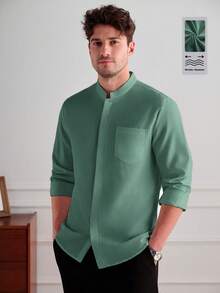 Core Aspect Men's Casual Versatile Solid Color Long Sleeve Shirt - Dark Green - View 1