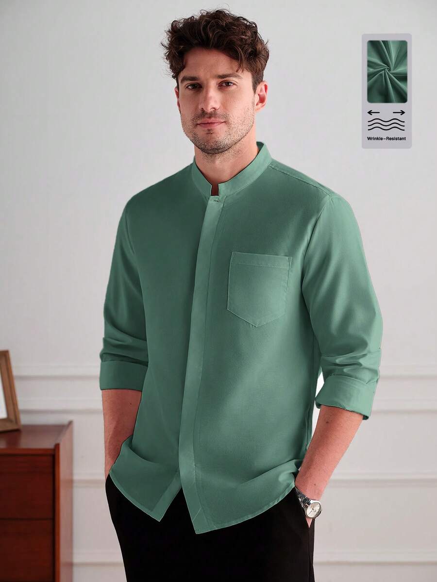 Core Aspect Men's Casual Versatile Solid Color Long Sleeve Shirt - Dark Green - View 1