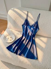 Moireta Women's Lace Patchwork Camisole Pajama Night Dress Luxeloungewear - Blue - View 5