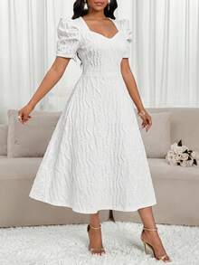 SHEIN Lady Vestido elegante de mujer con escote corazón texturizado y mangas cortas abullonadas - Blanco - Ver 4