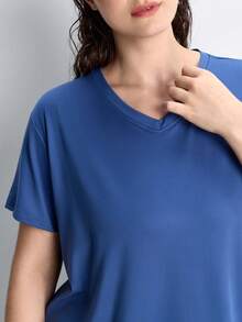 Slumbrini Conjunto de pijama de talla grande con estampado, cuello en V y manga corta - Azul Marino - Ver 7