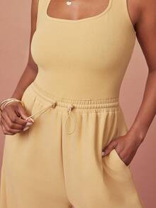 Vixey Solid Crepe Square Neck Drawcord Waist Wide Leg Jumpsuit, Elevated Casual Chic, Everyday Style, Off Duty Vacation Beige Summer Travel - Olive Green - View 3