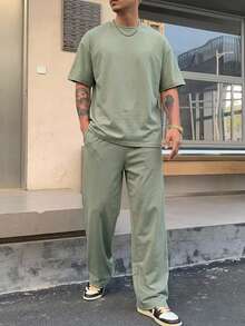 DAZY 男士夏季短袖上衣與長褲純色灰綠色兩件套 - 綠色 - 查看 3