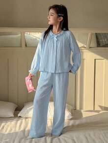DAZY Ropa de otoño para niñas preadolescentes Conjunto de ropa de estar en casa con estampado de corazones en todo el Body y ribete de contraste - Azul - Ver 5