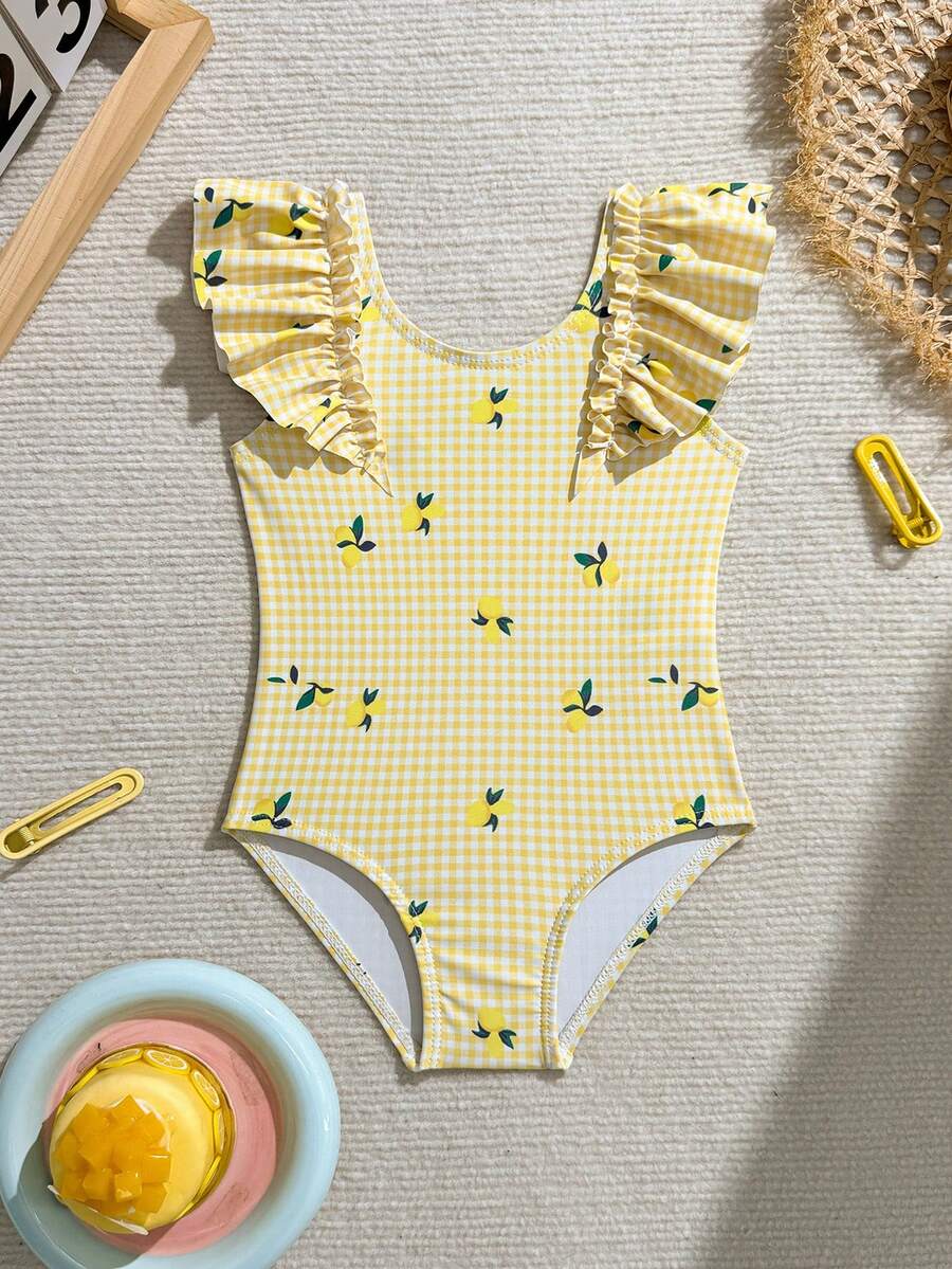 Souflis Souflis Baby Girl Lemon Plaid Print One-Piece Swimsuit With Ruffle Shoulder Design, Cute For Vacation, Beach, Summer Swimming, Party, Gathering, Pool - Multicolor - View 1