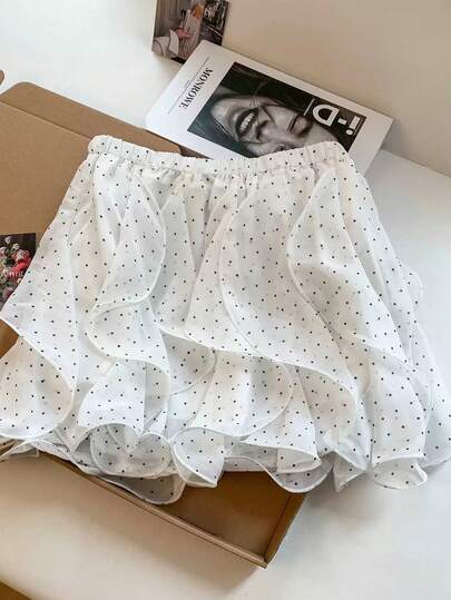 SHEIN Franclia กระโปรงมินิชีฟองสีขาวลายจุดสไตล์ Y2K สำหรับผู้หญิง เอวสูง ระบายพริ้วไหว แบบเป็นชั้น น่ารักสไตล์เอสเธติก สำหรับฤดูร้อน