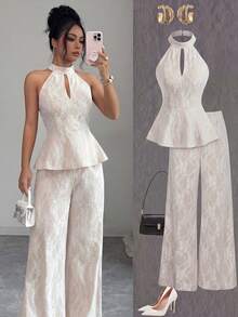 Elenzga Setelan Gaun Pengantin Musim Panas Gaya Dewasa Model Halter Neck Berongga dengan Renda dan Pinggang Ramping, Celana Lebar - MultiWarna - View 3
