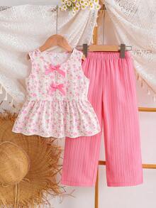 SHEIN Elladie kids 女童新款清新田園風精緻碎花兩件套，粉色蝴蝶結裝飾無袖背心上衣 + 粉色紋理布料寬腿長褲，甜美可愛時尚休閒穿搭，夏季 - 西瓜粉 - 查看 8