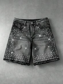 ROMWE MEN Street Life Men's Beaded Rhinestone Decorated Denim Shorts - Black - View 1