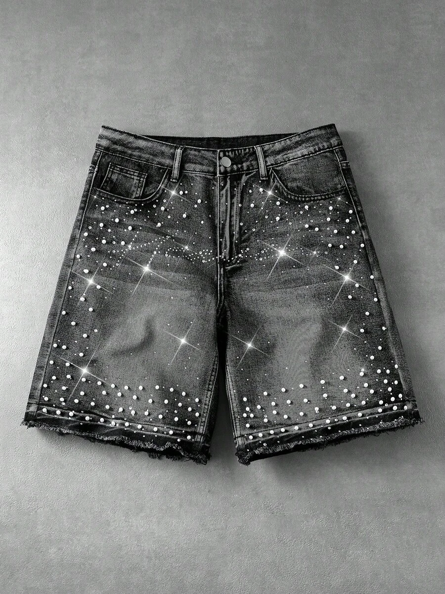 ROMWE MEN Street Life Men's Beaded Rhinestone Decorated Denim Shorts - Black - View 1