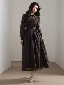 Heiryn Women's Contrast Lace Long Sleeve Button Design Elegant Long Dress Party Dinner Office Dark Brown Autumn Teachers' Day - Brown - View 1