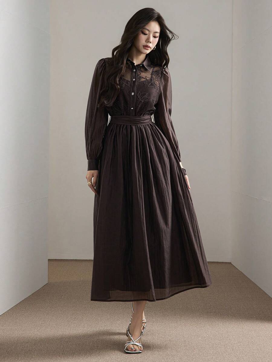 Heiryn Women's Contrast Lace Long Sleeve Button Design Elegant Long Dress Party Dinner Office Dark Brown Autumn Teachers' Day - Brown - View 1