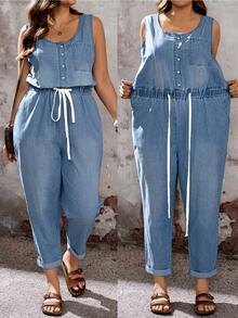 EMERY ROSE CURVE Women's Plus Size Light Blue Sleeveless Denim Jumpsuit,Summer Casual Hiking Outfit,Button Front Drawstring Waist Rolled Cuff Ankle Length Overalls - Blue - View 1