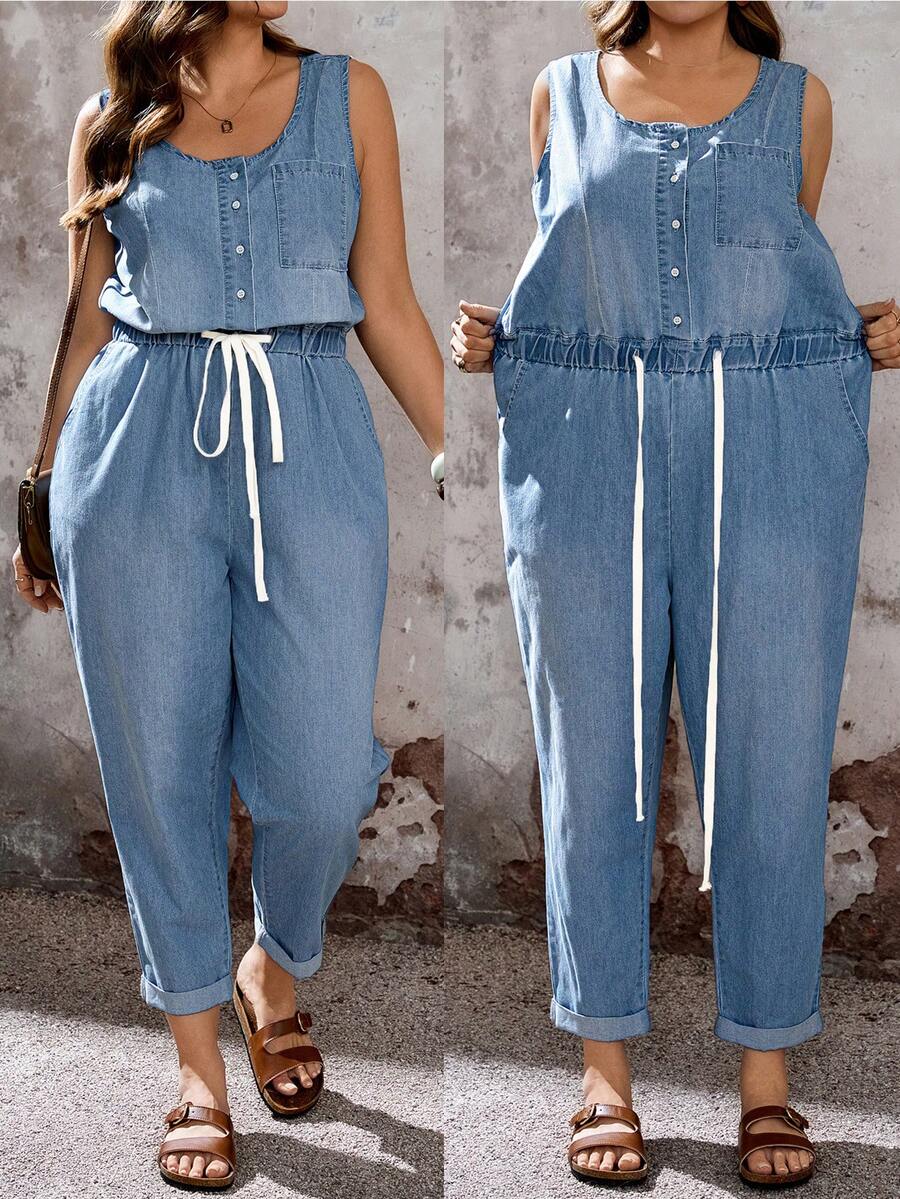 EMERY ROSE CURVE Women's Plus Size Light Blue Sleeveless Denim Jumpsuit,Summer Casual Hiking Outfit,Button Front Drawstring Waist Rolled Cuff Ankle Length Overalls - Blue - View 1
