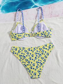 Swim Vcay Conjunto de Bikini Sexy con Estampado Floral, Aros, Fruncido y Tirantes Finos para Vacaciones de Verano - Multicolor - Ver 6