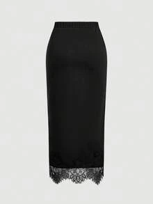 SHEIN MOD Women's Solid Color Elastic Waist Side Slit Hem Contrast Lace Fashion Skirt Date Night Black Autumn Sexy Party - Black - View 3