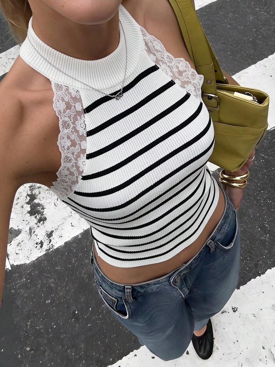 SHEIN BAE French Elegant Classic Striped Contrast Lace Sleeveless Women's Sweater - Black and White - View 1