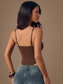 SHEIN BAE 女款純色修身百搭日常細肩帶背心 - 棕色 - 查看 2