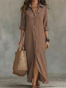 EMERY ROSE Vestido camisero largo con botones frontales para mujer de talla grande, conjunto informal - Marrón - Ver 4