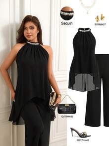 Selianne Setelan Wanita Terbaru: Model Baru, Leher Halter Berkerut, Patchwork Payet, Tanpa Lengan, Celana Panjang Longgar Pinggang Tinggi - Hitam - View 5
