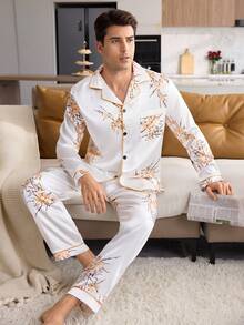 CoupledUp British Style Floral Print Satin Patch Pocket Front Button Long Sleeve Pants Men's Pajama Set Loungewear Set - White - View 2
