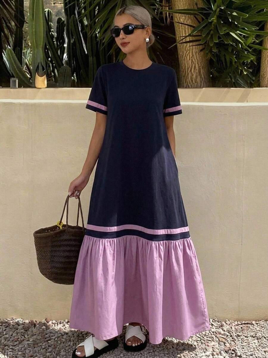 DAZY Women's Casual Color Block Patchwork Long Dress For Summer,Teacher Outfits - Navy Blue - View 1