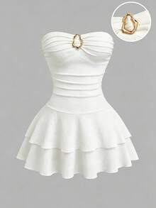 Sweetra Women's Elegant Strapless Multi-Layer Cake Textured Mini Dress Plus Size - White - View 1