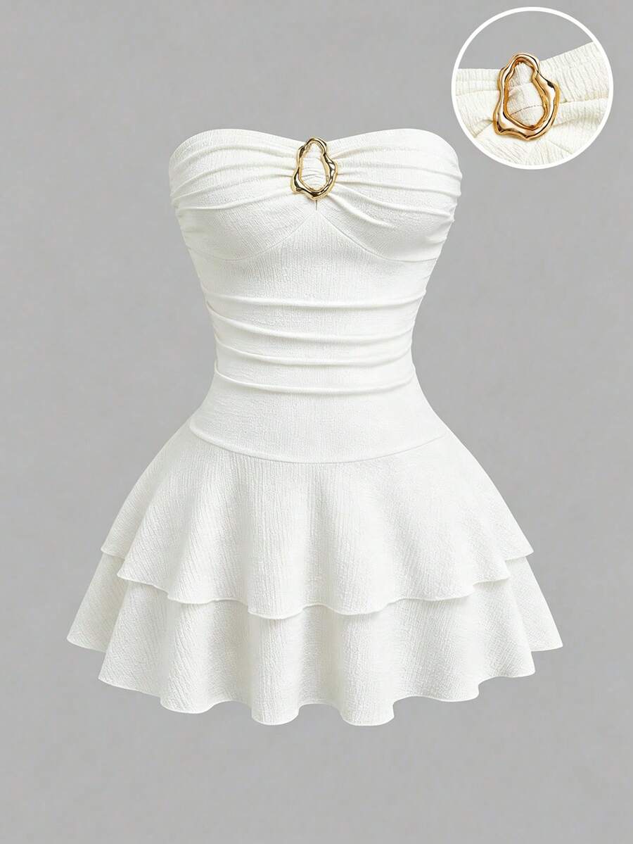 Sweetra Women's Elegant Strapless Multi-Layer Cake Textured Mini Dress Plus Size - White - View 1