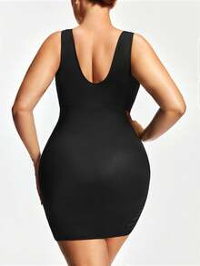 SHAPORA Gaun Bodycon Jala Kontras Warna Polos untuk Wanita Ukuran Plus - Hitam - View 4