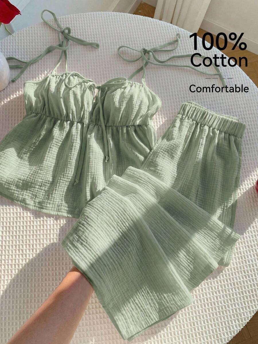Comfortcana 春夏舒適亞麻荷葉邊A字背心上衣與長褲度假休閒風大尺碼兩件套 - 綠色 - 查看 1