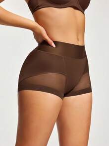 SHAPORA Shorts moldeadores de Body con malla de contraste de unicolor para mujer - Café integral - Ver 3