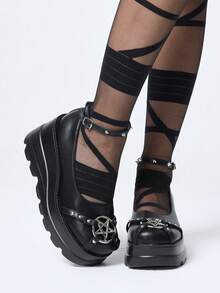 ROMWE Grunge Punk 女款 10cm 龐克搖滾哥德金屬鉚釘瑪麗珍圓頭厚底楔形樂福鞋，黑色春季鞋 春假復活節、萬聖節 - 米色 - 查看 1