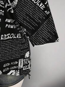 SHEIN ICON 大尺碼女款字母印花撞色不對稱肩性感T恤 - 黑與白 - 查看 6