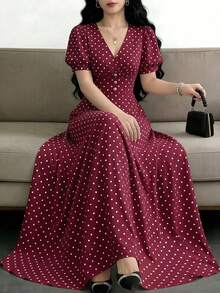 Celisse Women's Fashion Versatile Polka Dot Print Criss-Cross Pleated Button Dress - Burgundy - View 1