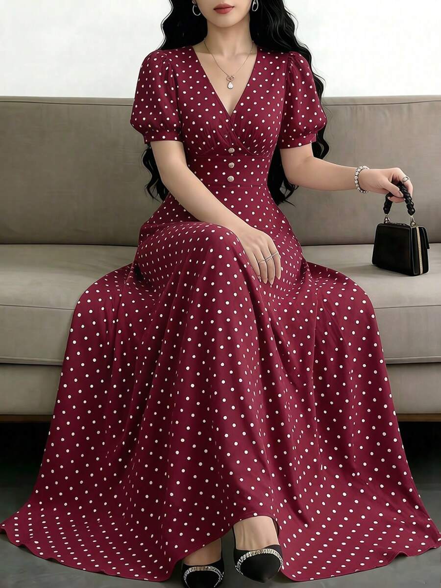 Celisse Women's Fashion Versatile Polka Dot Print Criss-Cross Pleated Button Dress - Burgundy - View 1