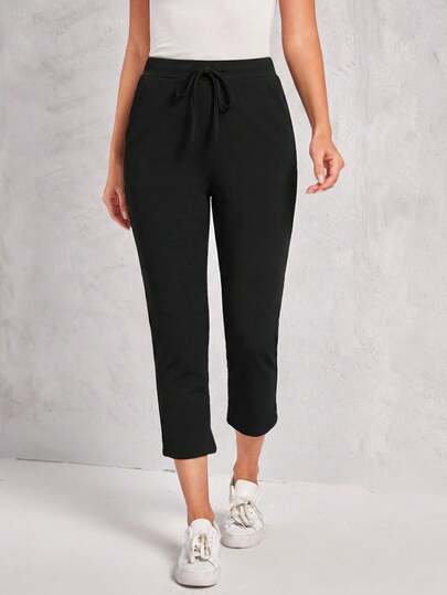 EMERY ROSE Pantalones largos casuales y versátiles de unicolor con cintura con cordón para uso diario y viajes para mujeres